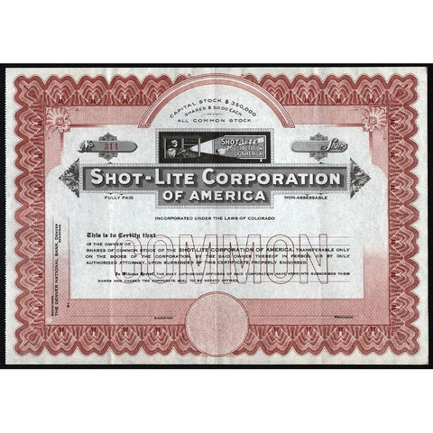 Shot-Lite Corporation of America Stock Certificate