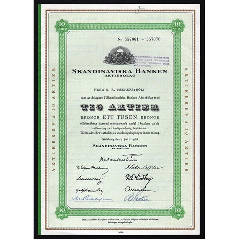 Skandinaviska Banken Aktiebolag Stock Certificate