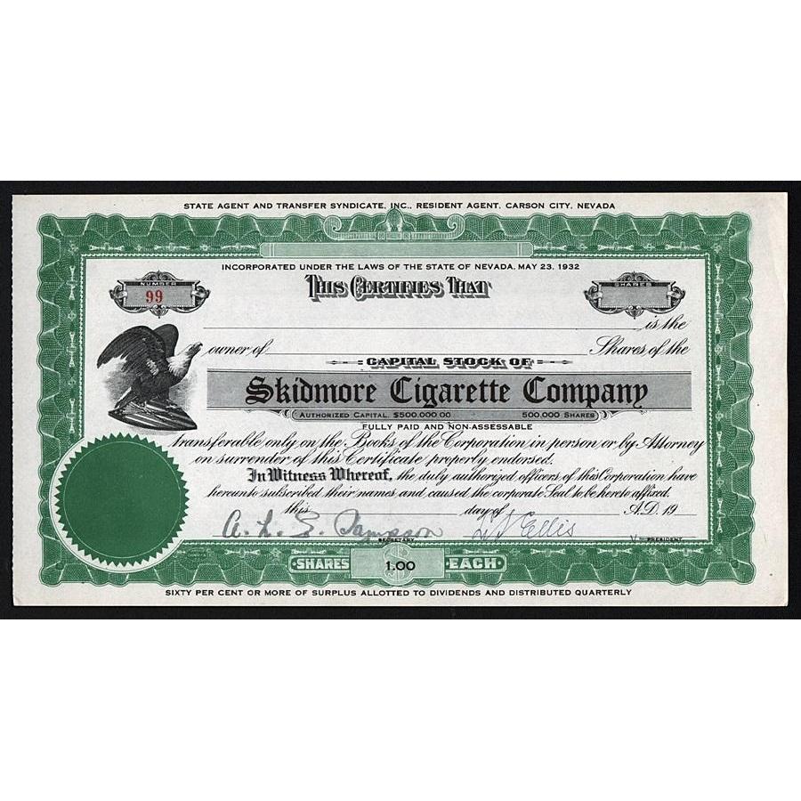 Skidmore Cigarette Company Stock Certificate