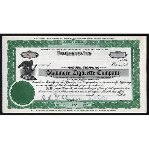 Skidmore Cigarette Company Stock Certificate