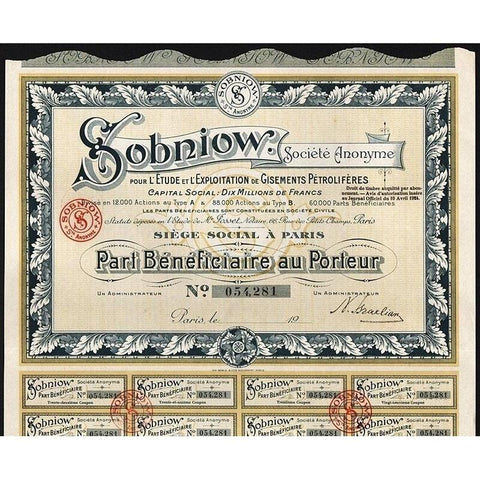 Sobniow Societe Anonyme pour l'Etude et l'Exploitation de Gisements Petroliferes Stock Certificate