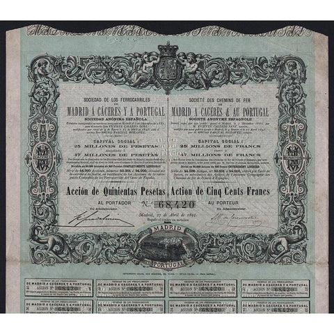 Sociedad de los Ferrocarriles Madrid a Caceres y a Portugal Stock Certificate