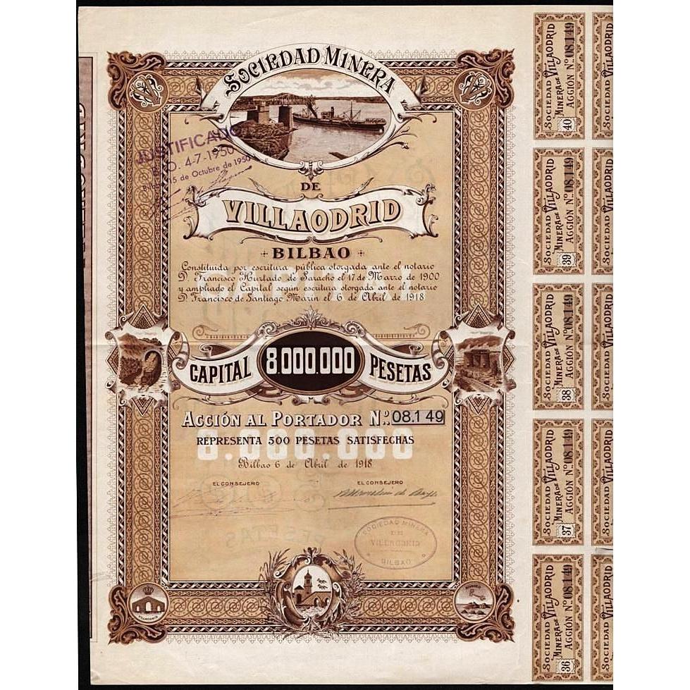 Sociedad Minera de Villaodrid Bilbao. Stock Certificate