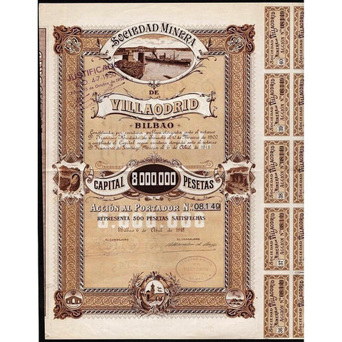 Sociedad Minera de Villaodrid Bilbao. Stock Certificate