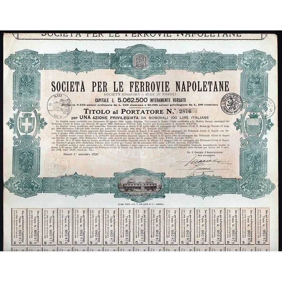 Societa per le Ferrovie Napoletane Societa Anonima Stock Certificate