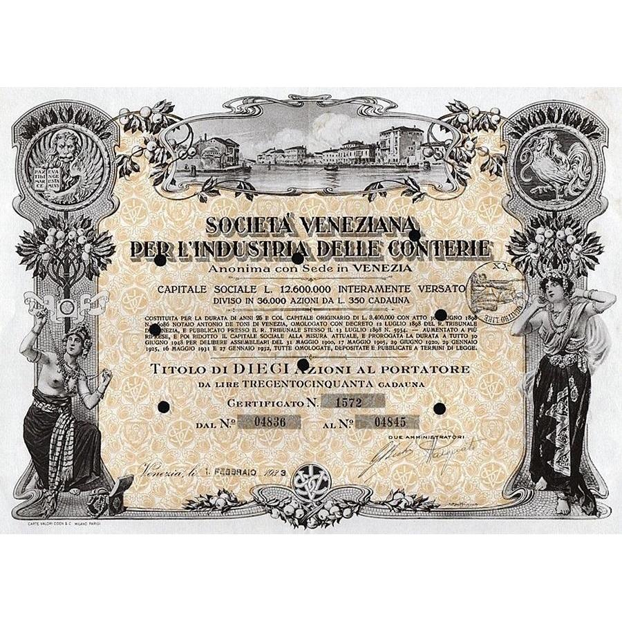 Societa Veneziana per l'Industria delle Conterie, Anonima con Sede in Venezia Stock Certificate