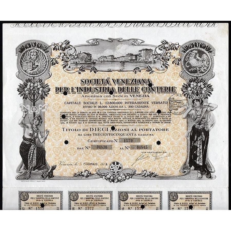 Societa Veneziana per l'Industria delle Conterie, Anonima con Sede in Venezia Stock Certificate
