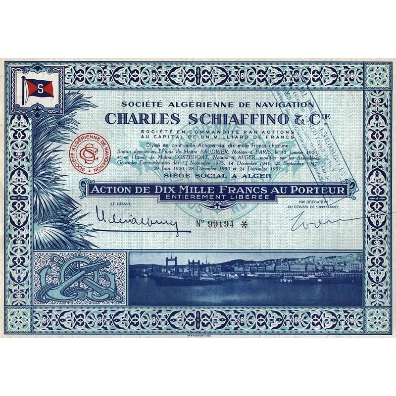 Societe Algerienne de Navigation Charles Schiaffino & Cie. Stock Certificate