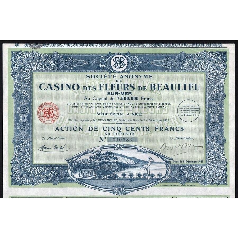 Societe Anonyme de Casino des Fleurs de Beaulieu Sur-Mer Stock Certificate