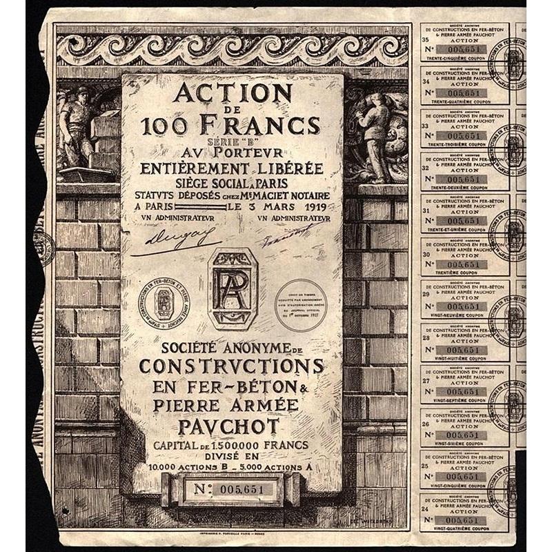 Societe Anonyme de Constructions en Fer-Beton & Pierre Armee Pauchot Stock Certificate