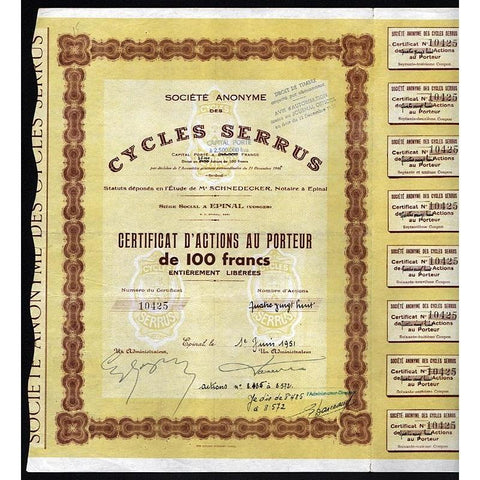Societe Anonyme des Cycles Serrus Stock Certificate