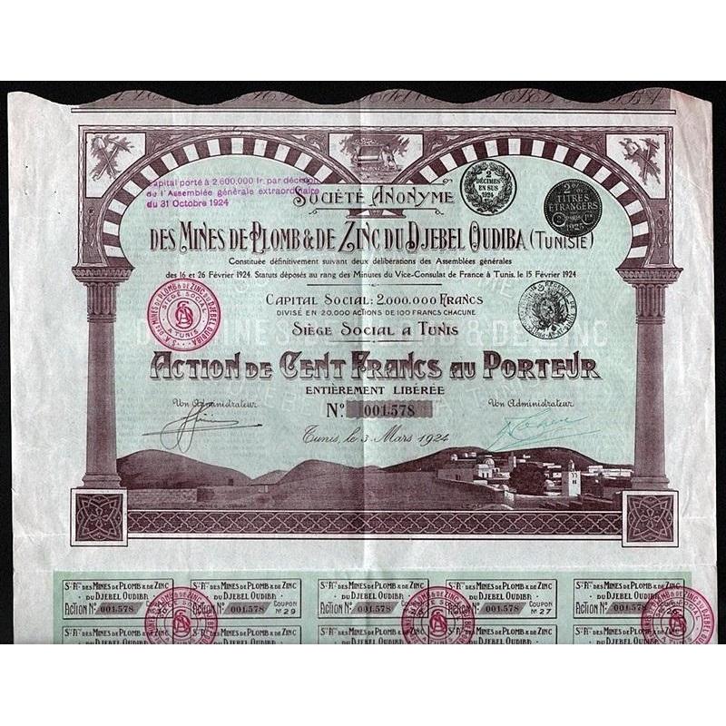 Societe Anonyme Des Mines De Plomb & De Zinc Du Djebel Oudiba (Tunisie) Stock Certificate