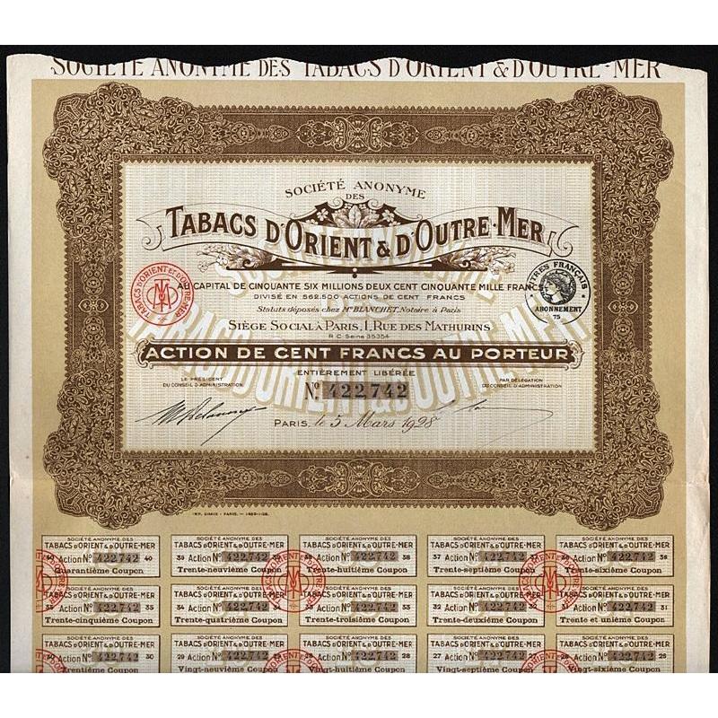 Societe Anonyme des Tabacs d'Orient & d'Outre Mer Stock Certificate