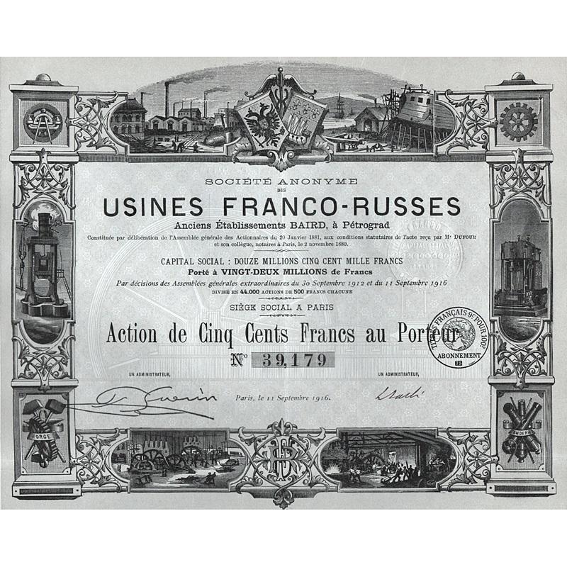 Societe Anonyme des Usines Franco-Russes Stock Certificate