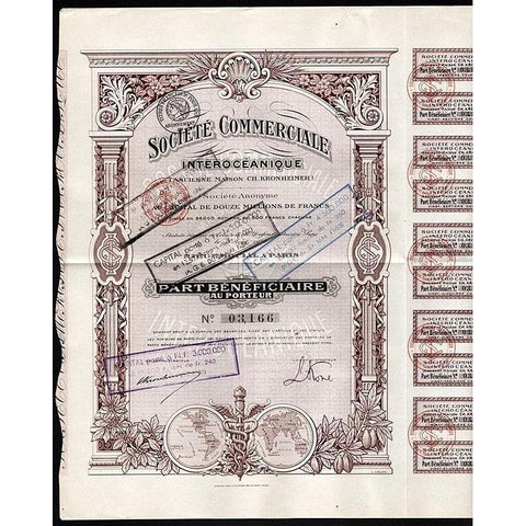 Societe Commerciale Interoceanique (Ancienne Maison Ch. Kronheimer) Societe Anonyme Stock Certificate