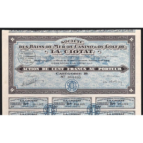 Societe des Bains de Mer, du Casino & du Golf de La Ciotat Stock Certificate