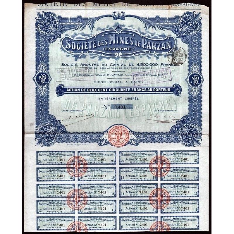 Societe des Mines de Parzan (Espagne) S.A. Stock Certificate