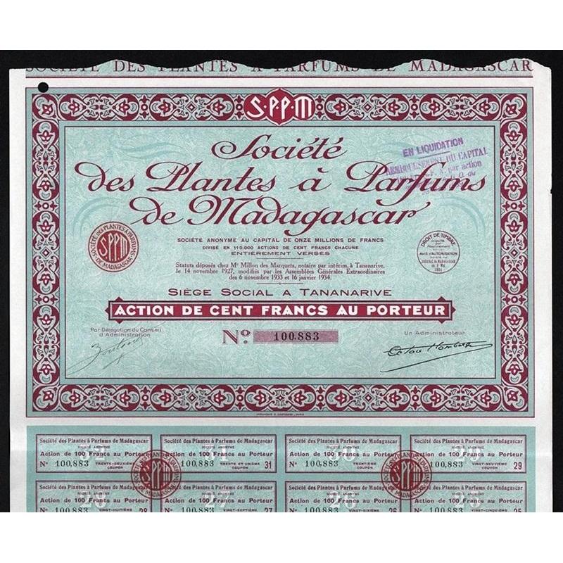 Societe des Plantes a Parfums de Madagascar Stock Certificate