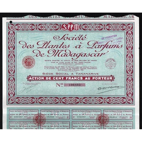 Societe des Plantes a Parfums de Madagascar Stock Certificate