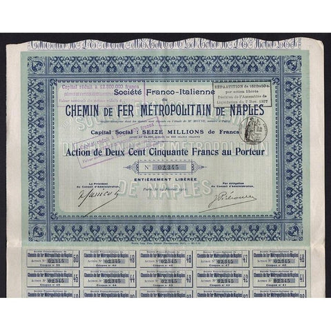 Societe Franco-Italienne du Chemin de Fer Metropolitain de Naples Stock Certificate