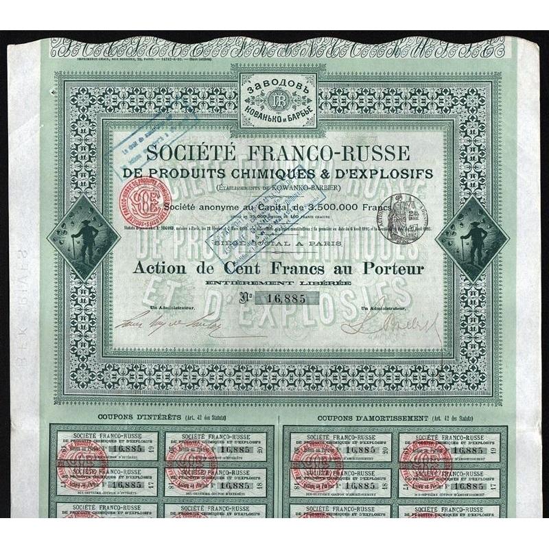 Societe Franco-Russe de Produits Chimiques & d'Explosifs (Etablissement de Kowanko-Barbier) Stock Certificate