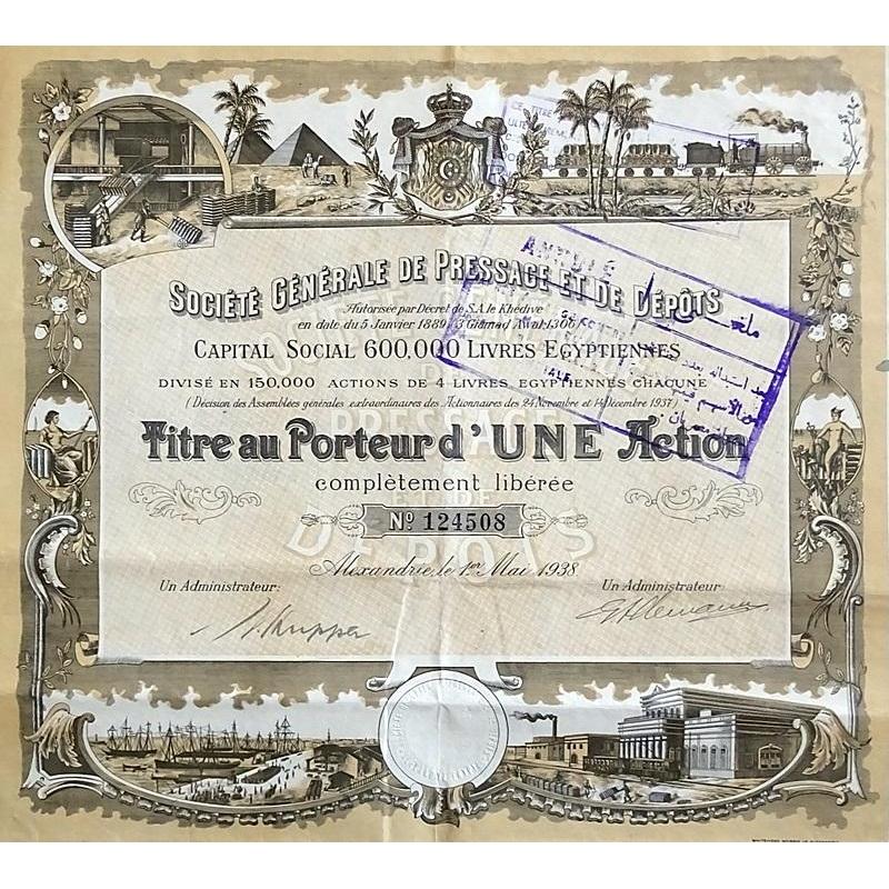 Societe Generale de Pressage et de Depots Egypt Stock Certificate