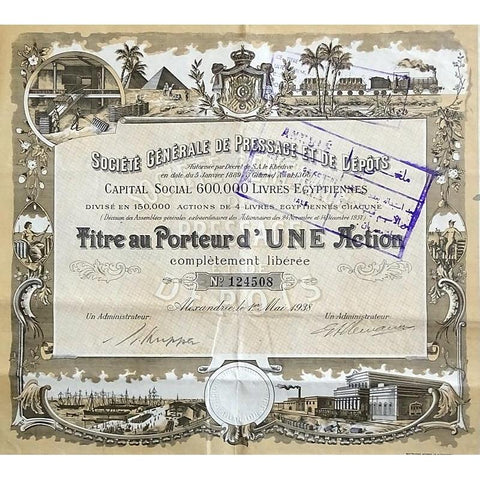 Societe Generale de Pressage et de Depots Egypt Stock Certificate