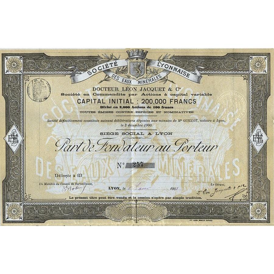 Societe Lyonnaise Des Eaux Minerales, Docteur Leon Jacquet & Cie. Stock Certificate