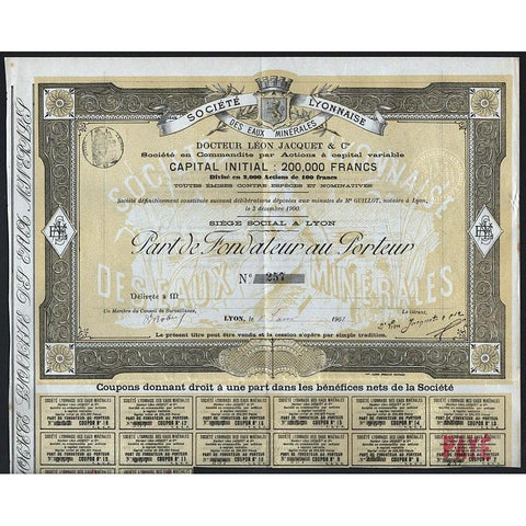 Societe Lyonnaise Des Eaux Minerales, Docteur Leon Jacquet & Cie. Stock Certificate