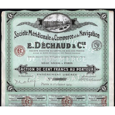 Societe Meridionale de Commerce et de Navigation, E. Dechaud & Cie. Stock Certificate