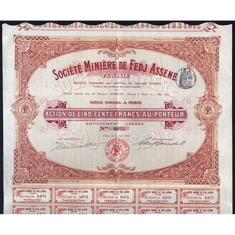 Societe Miniere de Fedj Assene, Tunisie Stock Certificate