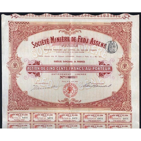 Societe Miniere de Fedj Assene, Tunisie Stock Certificate