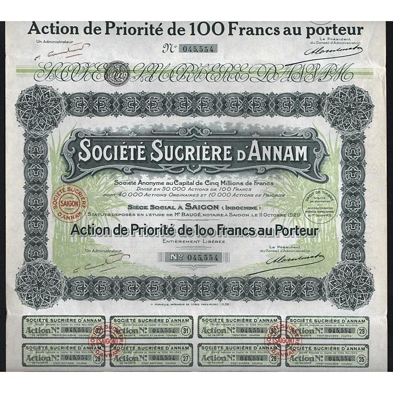 Societe Sucriere d'Annam Societe Anonyme Stock Certificate