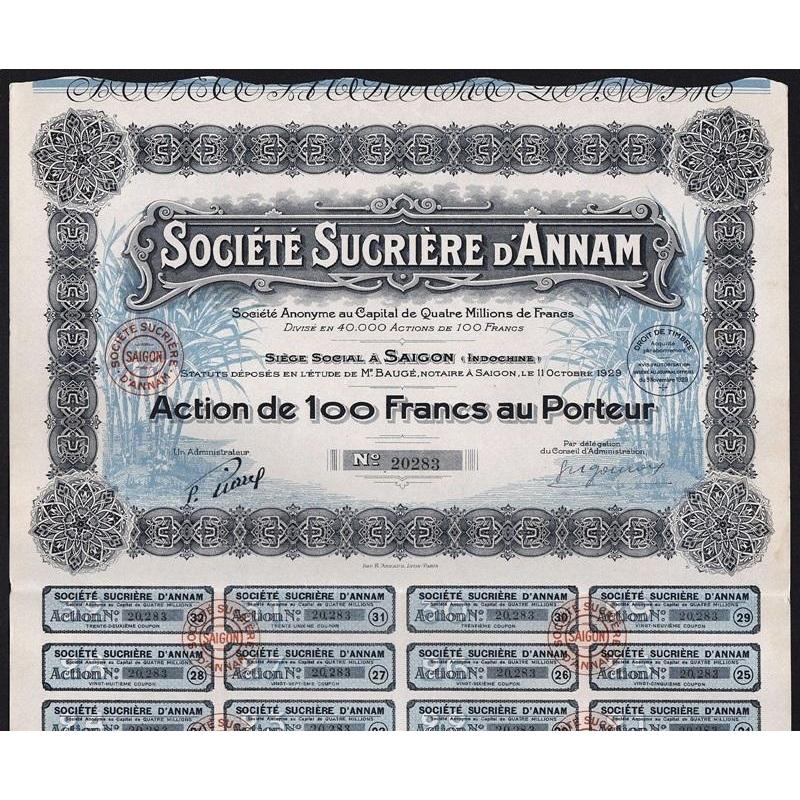 Societe Sucriere d'Annam Societe Anonyme Stock Certificate