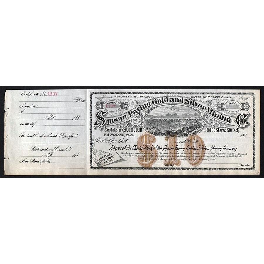 Specie Paying Gold & Silver Mining Co. Stock Certificate