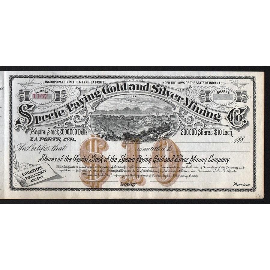 Specie Paying Gold & Silver Mining Co. Stock Certificate