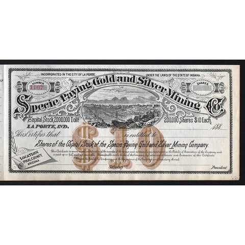 Specie Paying Gold & Silver Mining Co. Stock Certificate