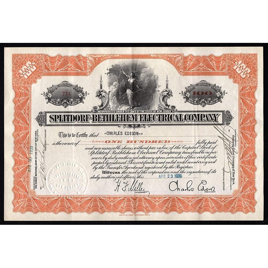 Splitdorf-Bethlehem Electrical Company (Charles Edison) Stock Certificate