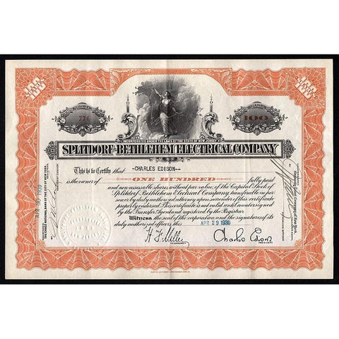 Splitdorf-Bethlehem Electrical Company (Charles Edison) Stock Certificate