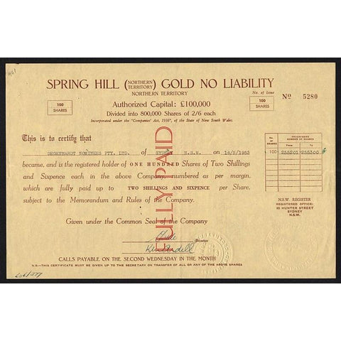 Spring Hill (Northern Territory) Gold No Liability, Northern Territory Stock Certificate