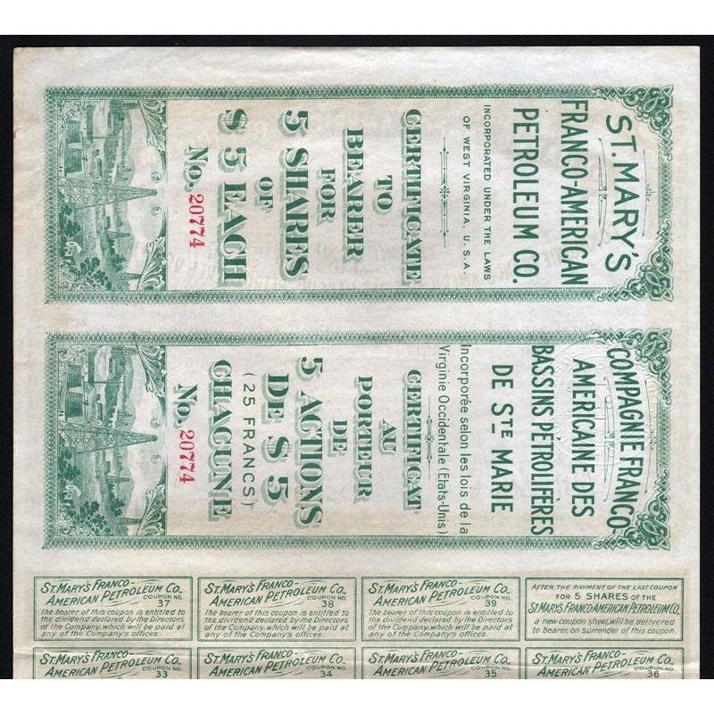 St. Mary's Franco-American Petroleum Co. 1902 West Virginia Stock Certifiate