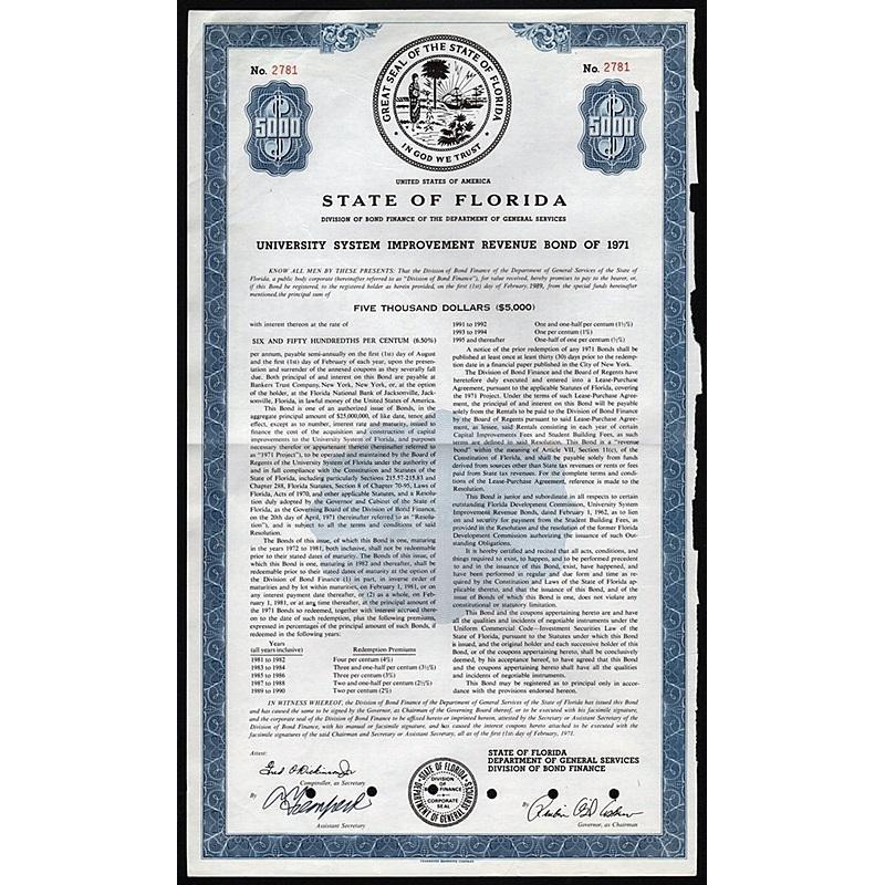 State of Florida, University System Improvement Revenue Bond of 1971 Stock Certificate