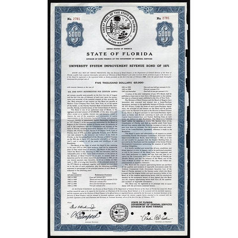 State of Florida, University System Improvement Revenue Bond of 1971 Stock Certificate
