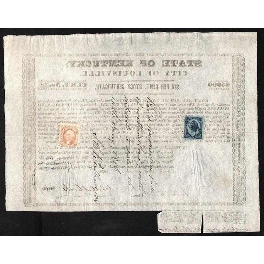State of Kentucky, City of Louisville (W.A. Cocke signature) Stock Certificate
