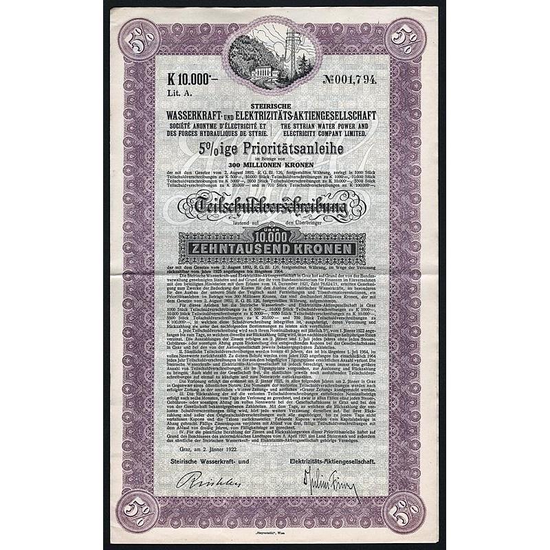 Steirische Wasserkraft- und Elektrizitäts- Aktiengesellschaft Stock Certificate