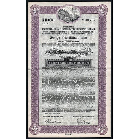 Steirische Wasserkraft- und Elektrizitäts- Aktiengesellschaft Stock Certificate