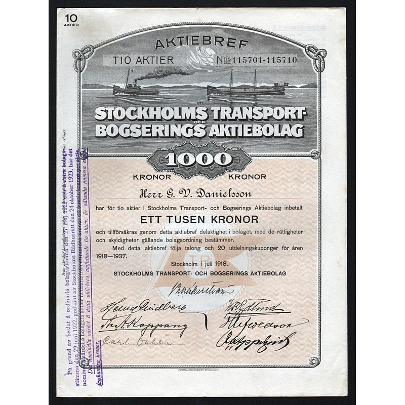 Stockholms Transport och Bogserings Aktiebolag Stock Certificate