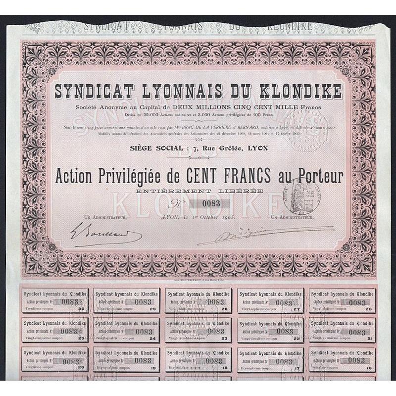 Syndicat Lyonnais du Klondike Societe Anonyme 1905 Stock Certificate