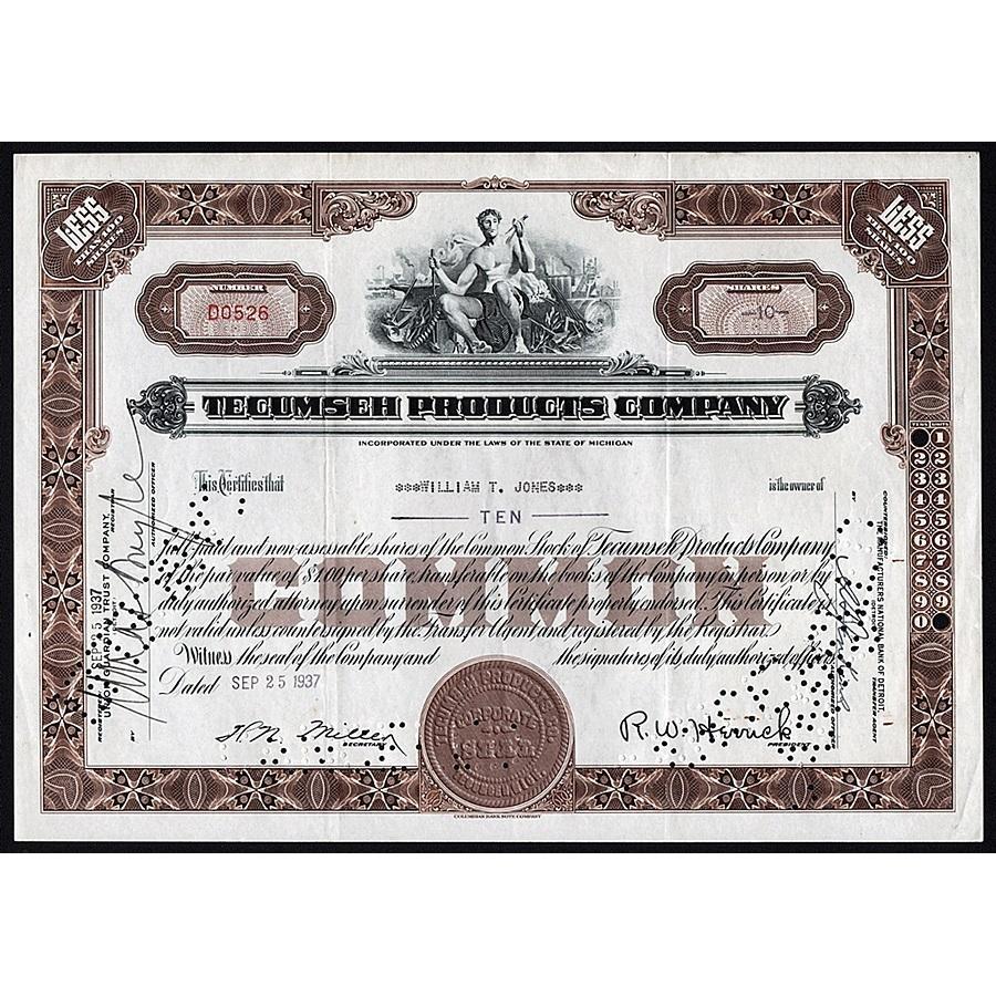 Tecumseh Products Company Stock Certificate