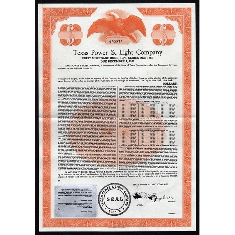 Texas Power & Light Company Stock Certificate